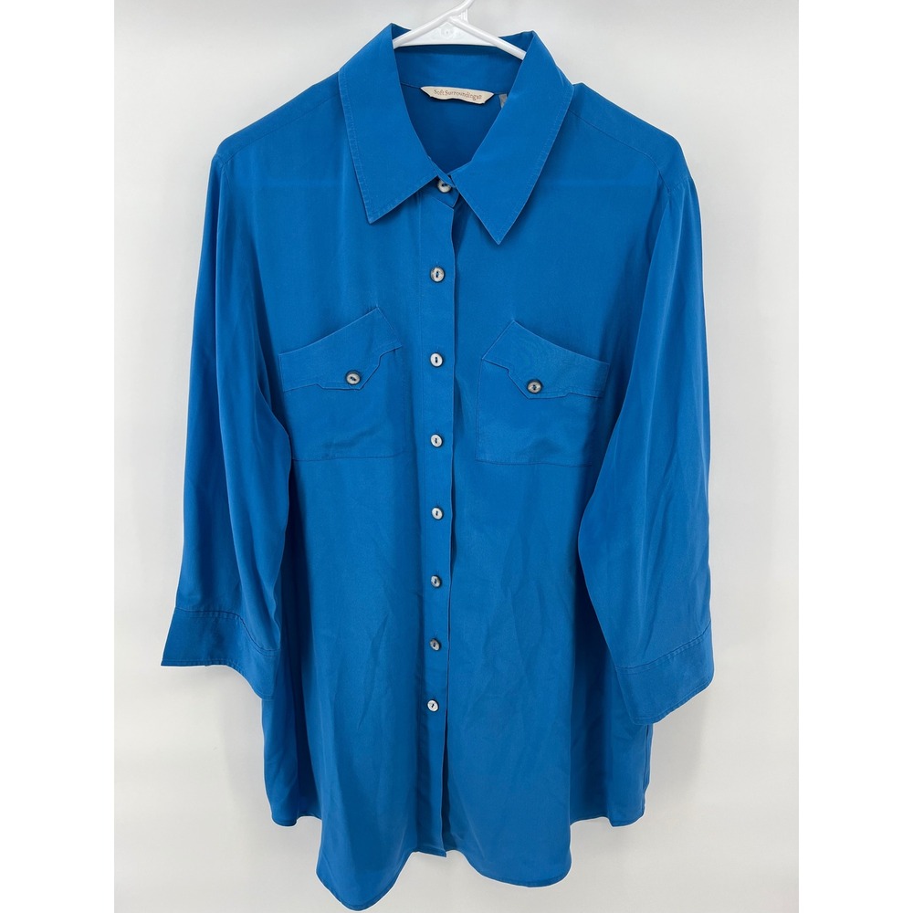 Soft Surroundings XL Silk Button Up Tunic Top Royal Blue Quiet Luxury Minimalist